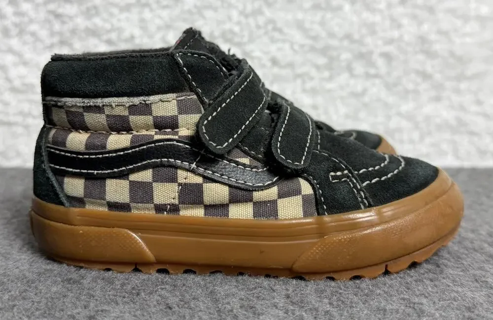 Vans Toddler Sk8-Mid V Black Checkerboard Gum Suede Canvas Hook & Loop Shoes - 7